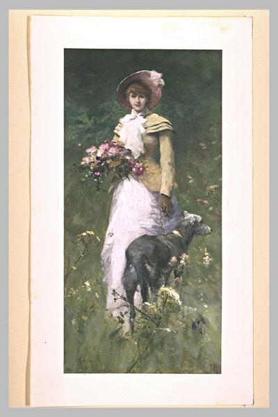 Jeune femme, debout, tenant un bouquet et un lévrier_0