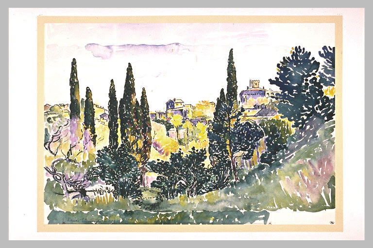Paysage italien avec des cyprés, des maisons sur une hauteur et un palais_0