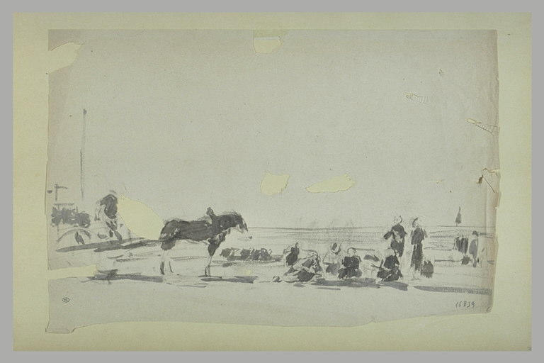 Cheval tirant une charrette sur une plage, avec des figures assises_0