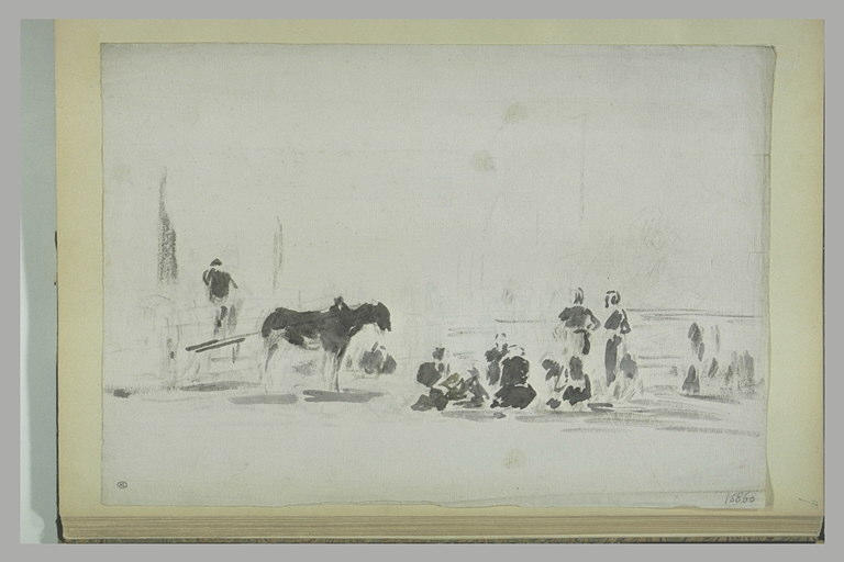 Cheval tirant une charrette sur une plage, avec des personnages assis_0