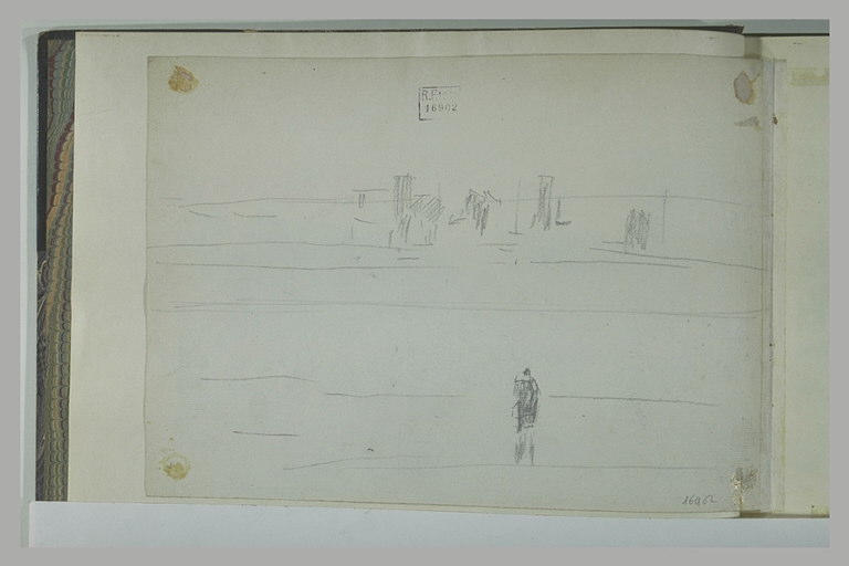 Personnage, et silhouette de barques en mer_0