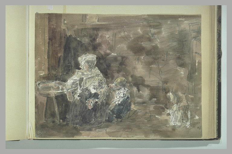Dans un intérieur une paysanne, assise, tenant un poupon sur ses genoux_0