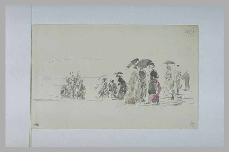 Promeneuses et gens, assis, sur une plage_0