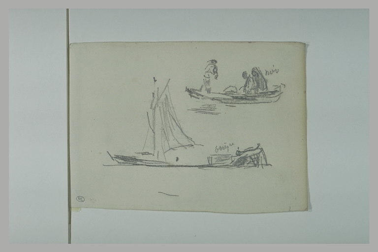 Barque de pêche ; deux personnes dans une barque plate conduite par un marin_0