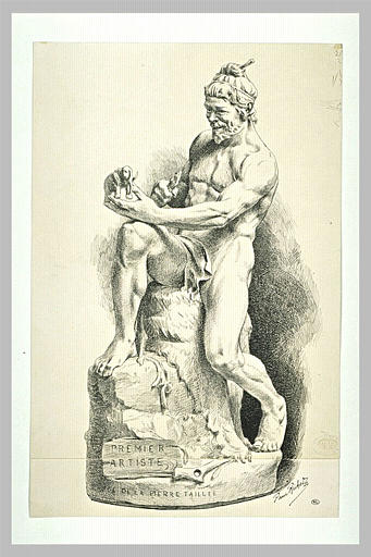 Statue représentant un homme primitif taillant une statuette d'éléphant_0