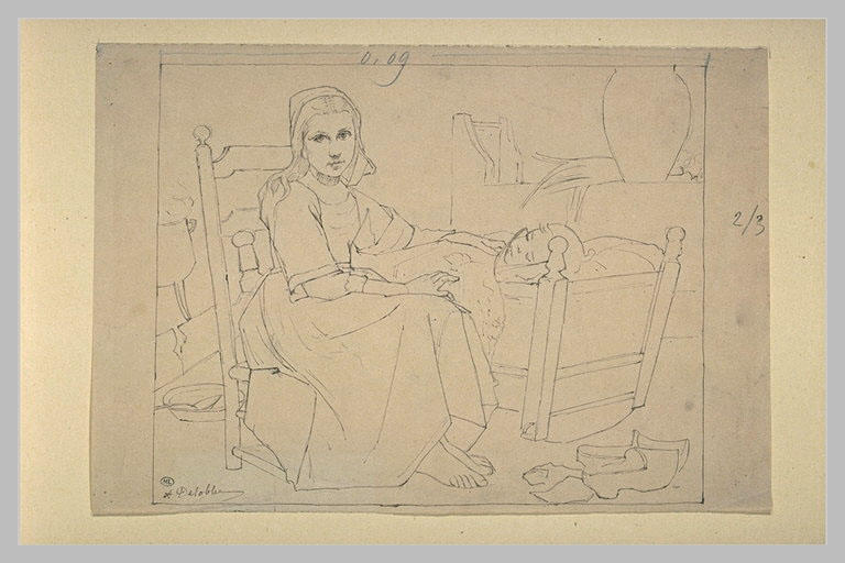 Jeune fille assise près d'un berceau_0