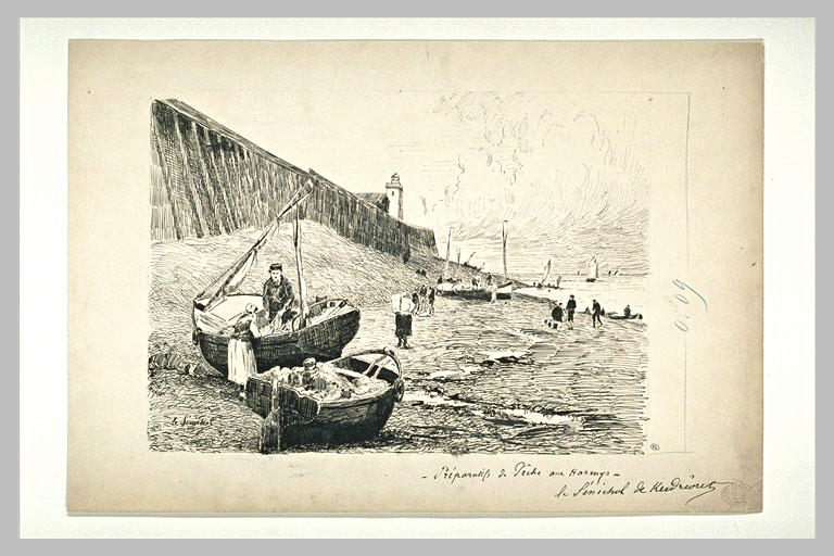 Barques échouées sur une grève découverte par la mer et différentes figures_0