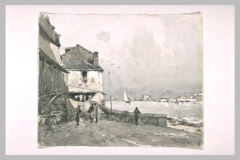 Personnages sur une place d'un petit village de pêche_0