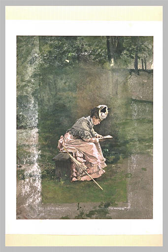 Femme en robe rose et fichu gris, assise sur un banc, lisant_0