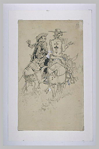 Deux hommes sur des mules et l'un deux tenant un feuillet marqué Ostende_0