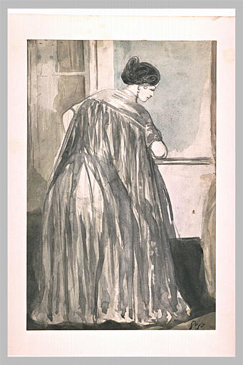 Femme à la fenêtre, debout, de dos, en peignoir bleu_0