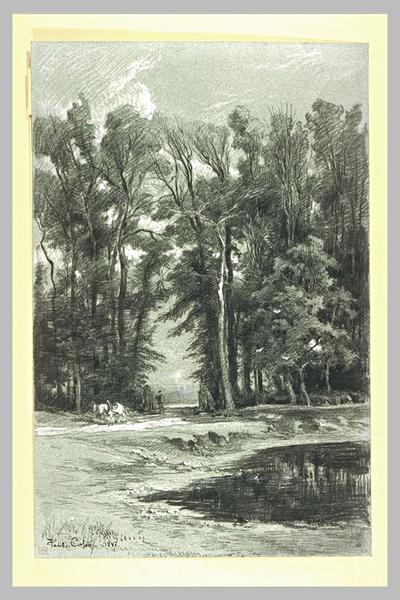 Paysan labourant au bord d'un étang, en lisière de bois_0