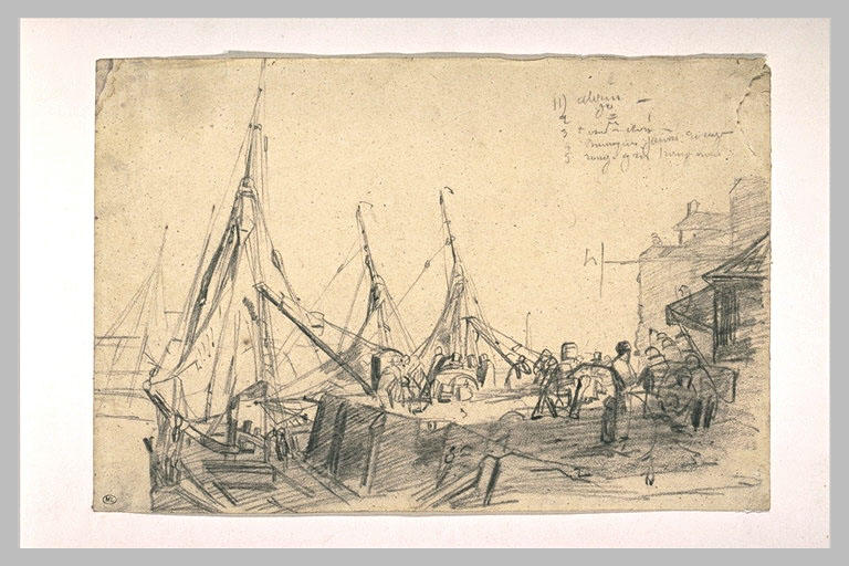 Quai animé de personnages au Havre avec des voiliers amarrés_0