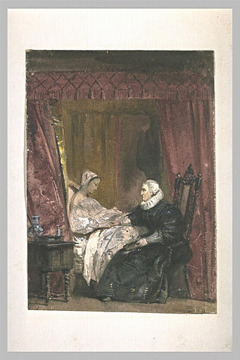 Vieille femme, assise auprès d'une jeune femme alitée_0