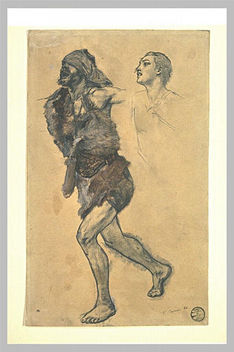 Homme vêtu de peaux de bête, marchant, et figure de jeune homme_0
