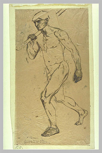 Homme nu, portant un bâton sur l'épaule, marchant_0