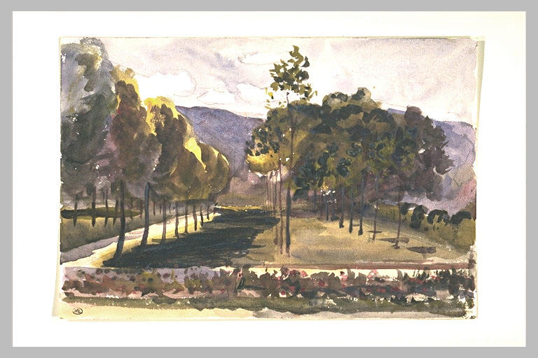 Paysage : jardin séparé par un mur d'une pelouse ombragée d'arbres_0