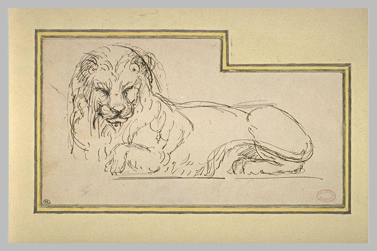 Lion couché, le corps vu de profil, la tête vue de face_0