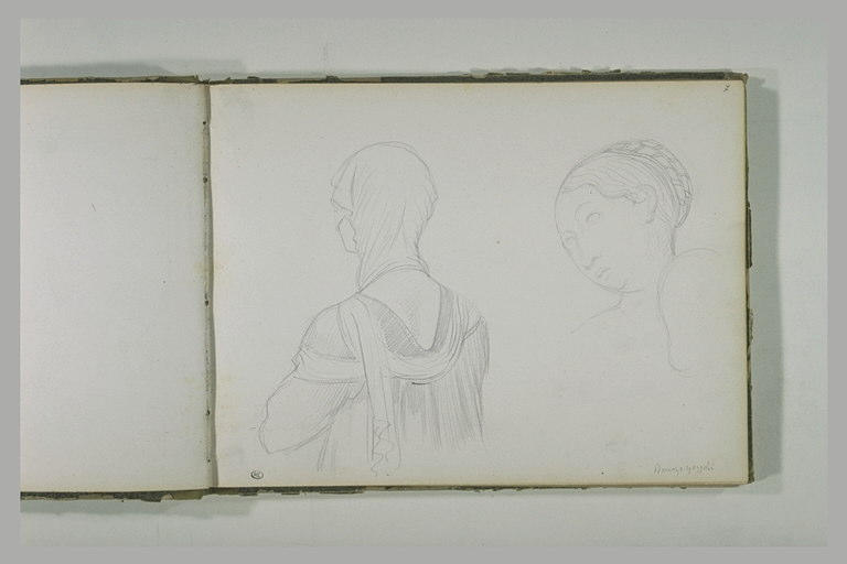 Femme drapée, vue en buste, de dos ; tête de femme de trois-quarts_0