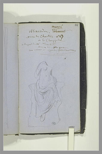 Note manuscrite ; corps demi nu, assis sur un socle_0