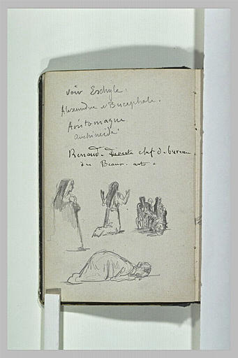 Notes manuscrites ; figures agenouillées ; groupe ; figure embrassant le sol_0