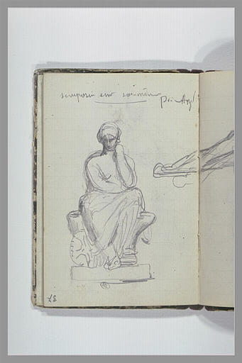 Bras ; note manuscrite ; figure assise sur un socle_0