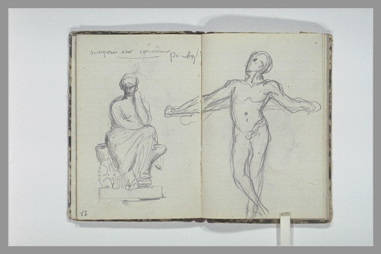 Bras ; note manuscrite ; figure assise sur un socle_1