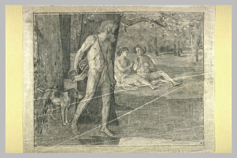 Homme nu, caché derrière un arbre, épiant un couple nu_0