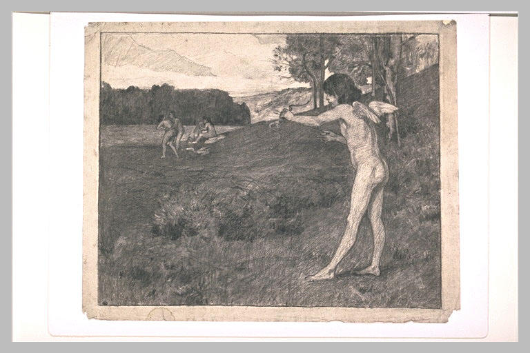 Dans un paysage, l'Amour décochant une flèche sur deux couples nus_0