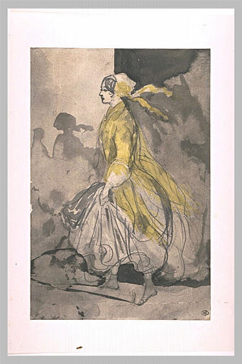 Jeune femme relevant sa jupe et marchant vers la gauche_0