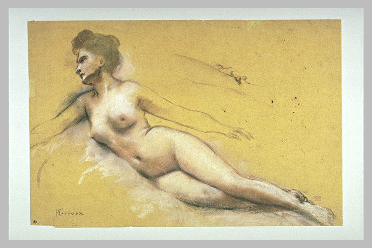 Femme allongée, les jambes croisées et les bras écartés du corps ; reprise_0