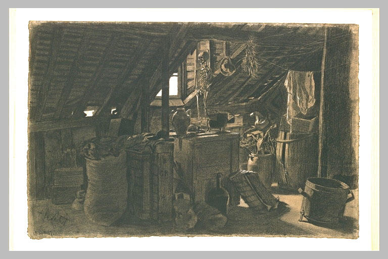 Intérieur d'un grenier rempli de meubles, et d'objets divers_0