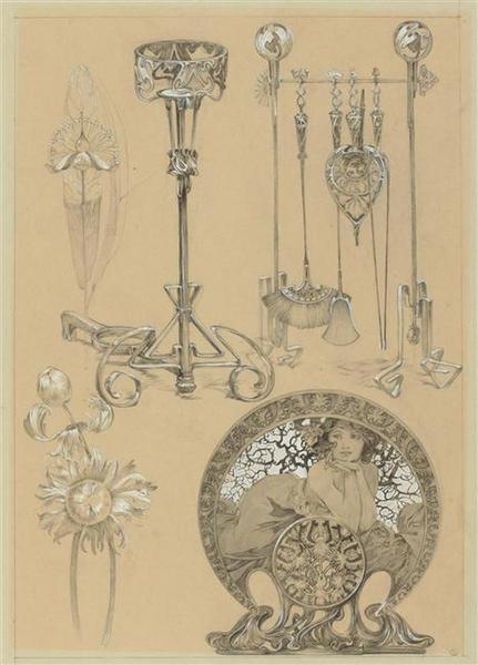 Planche pour les documents décoratifs : Instruments pour la cheminée, chenet, motifs floraux, pare-feu_0