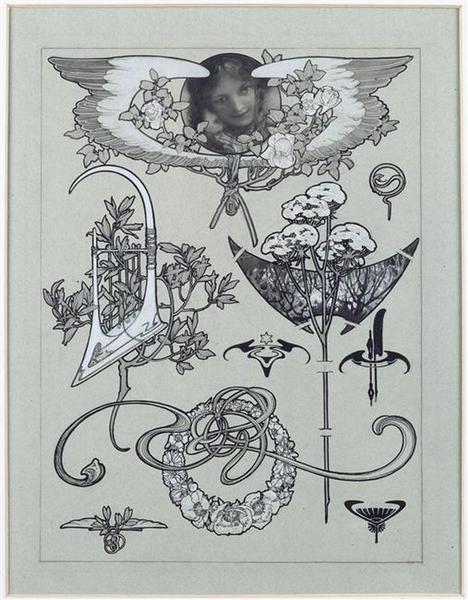 Tête féminine ceinte de deux ailes, lyre dans une branche, roses sauvages_0