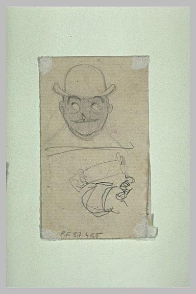 Tête de noir coiffé d'un chapeau melon, de face, et croquis indéterminés_0