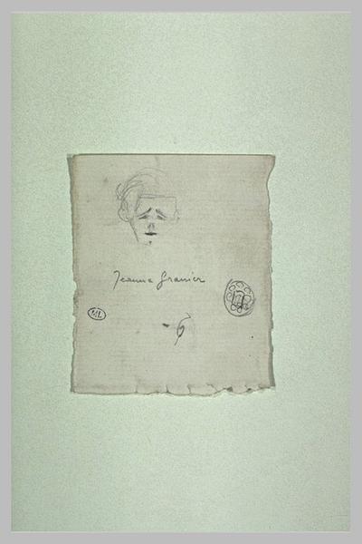 Feuille de croquis, tête de femme, de face et motif décoratif ; Jeanne Granier (titre inscrit)_0
