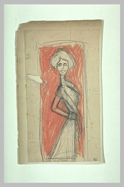 Femme vue à mi-jambes, tête de face, corps de profil à droite ; Louise Balthy (titre inscrit)_0