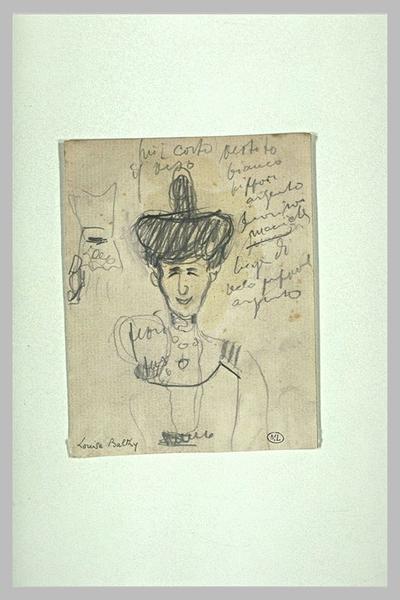 Croquis caricatural d'une femme, vue en buste, de face, avec haut chignon ; Louise Balthy (titre inscrit)_0