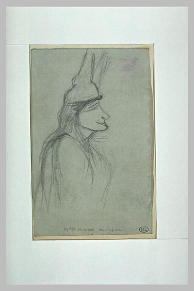 Femme vue en buste, de profil à droite, coiffée d'un casque, cheveux longs ; Melle Bréval de l'Opéra (titre inscrit)_0
