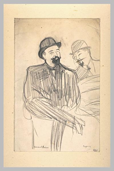 Croquis caricaturaux de Emmanuel Arène et Alfred Capus, assis_0