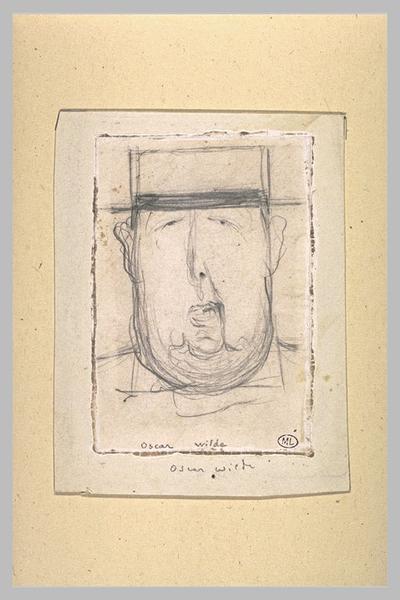 Croquis caricatural d'une tête d'homme, coiffé d'un canotier : Oscar Wilde_0