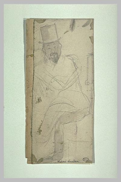 Croquis de Henri Lavedan, assis, jambes croisées, chapeau haut de forme_0