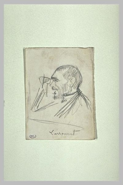 Homme vu en buste, de profil à gauche, tenant un lorgnon : Gustave Larroumet_0