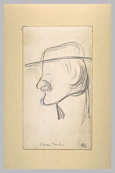 Croquis caricatural d'une tête d'homme, coiffée d'un chapeau : Caran d'Ache_0