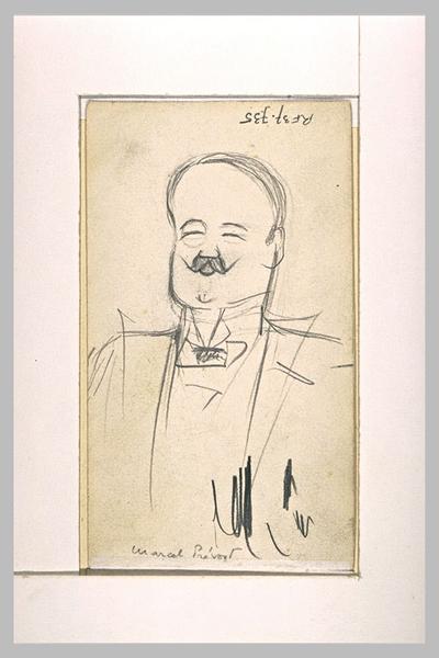 Croquis caricatural d'un homme, en buste, avec monocle : Marcel Prévost_0