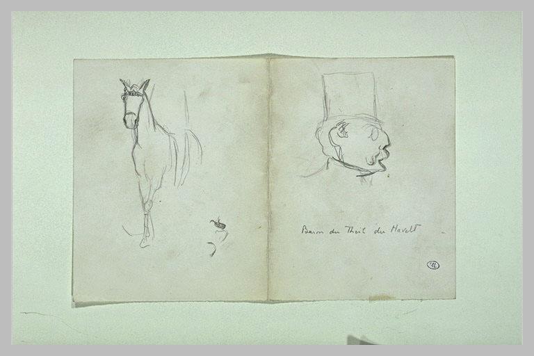 Baron du Theil du Havelt, de profil droit, coiffé d'un chapeau, et cheval_0