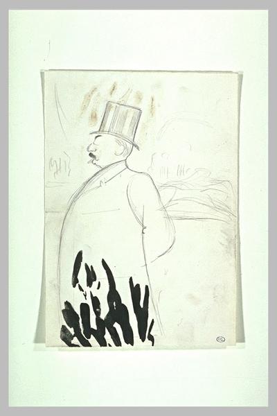 Homme vu à mi-jambes, de profil à gauche, avec chapeau haut-de-forme_0