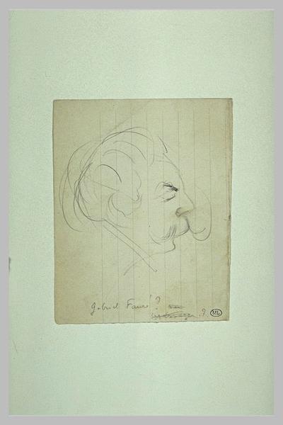 Tête d'homme, de profil à droite, chevelue abondante et moustache ; Gabriel Fauré (titre inscrit)_0