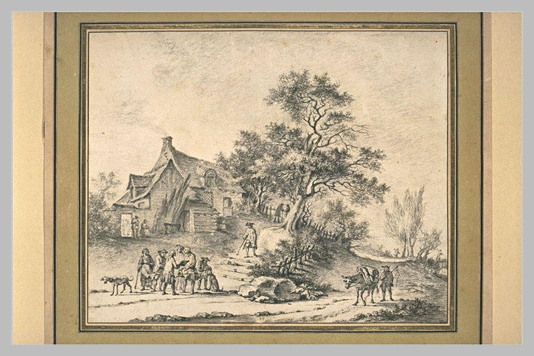 Plusieurs personnages près d'une ferme sur un tertre_0