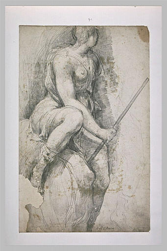 Figure féminine à demi nue, assise sur un rocher, de trois quarts à droite_0